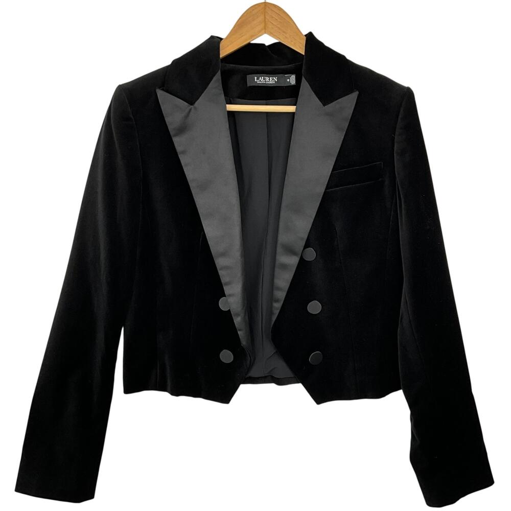 Lauren Ralph Lauren Tuxedo Crop Blazer Womens 12 Black Velvet Peak Lapel Jacket